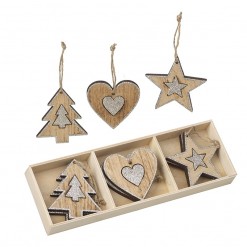 Set of 9 Wooden Heart, Tree and Star Tree Decorations